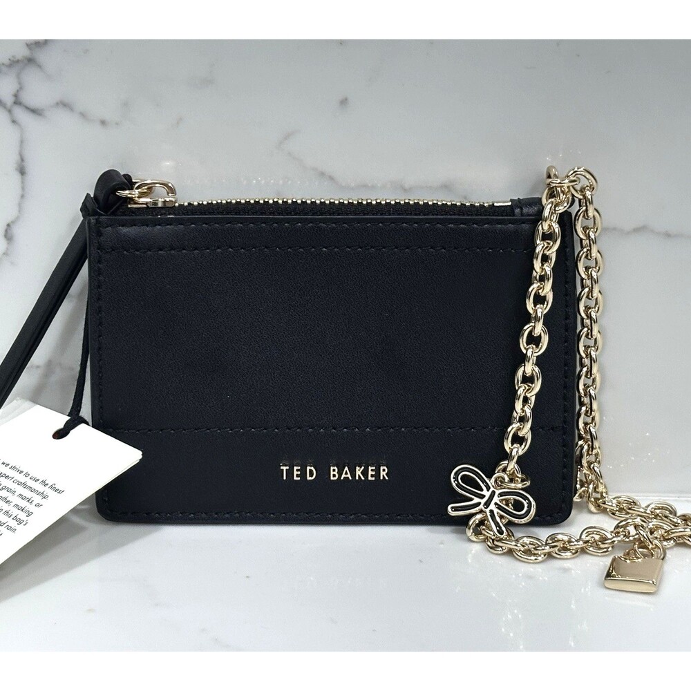 Ted Baker Leather Card Case Wallet Black Gold Chain Charms Wristlet NEW